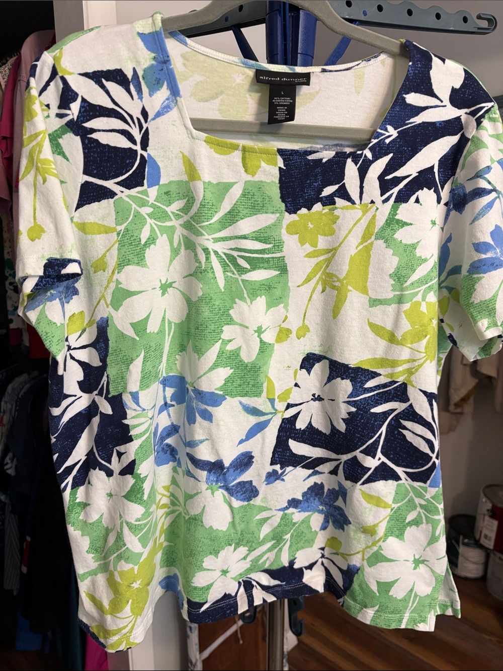 Alfred Dunner White Floral Short Sleeve Tee with Navy, Blue & Lime Accents